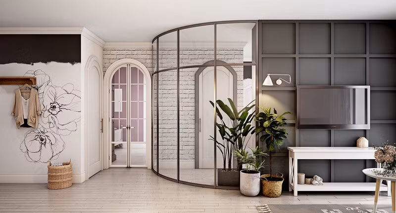 Cây xanh tạo bước đệm linh hoạt dễ dàng chuyển đổi từ tường bê tông sang tường kính. Vách kính thiết kế cong, tăng sự mềm mại và uyển chuyển trong cấu trúc nhà ở. Cây xanh tạo bước đệm linh hoạt dễ dàng chuyển đổi từ tường bê tông sang tường kính. Vách kính thiết kế cong, tăng sự mềm mại và uyển chuyển trong cấu trúc nhà ở.