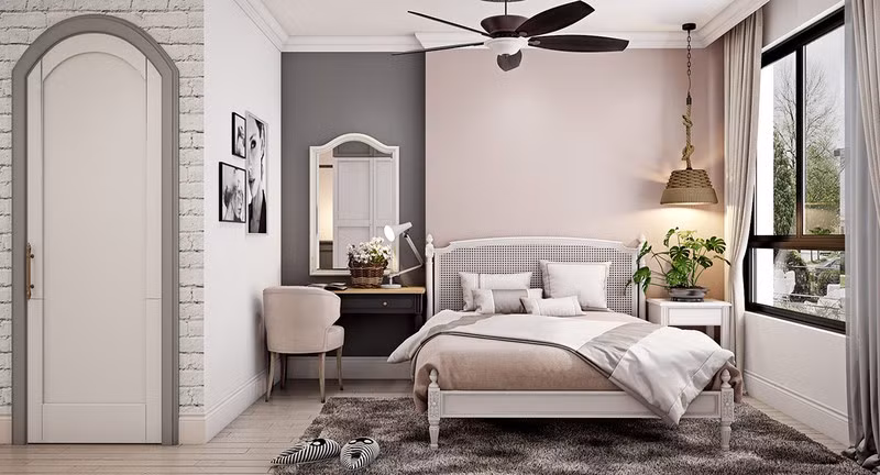 Phòng ngủ màu hồng với những bảng màu tự nhiên được nhìn thấy qua vách kính từ phòng khách. Phòng ngủ màu hồng với những bảng màu tự nhiên được nhìn thấy qua vách kính từ phòng khách.
