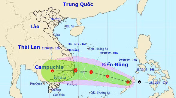  Sơ đồ đường đi của áp thấp nhiệt đới vào chiều 28-10 - Ảnh: Trung tâm Dự báo khí tượng thủy văn quốc gia