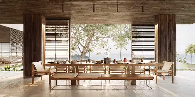 Bộ bàn ghế ăn rộng rãi dành cho nhiều người sử dụng cùng lúc. Mành chiếu dùng để che nắng mỗi khi ánh mặt trời lên cao.