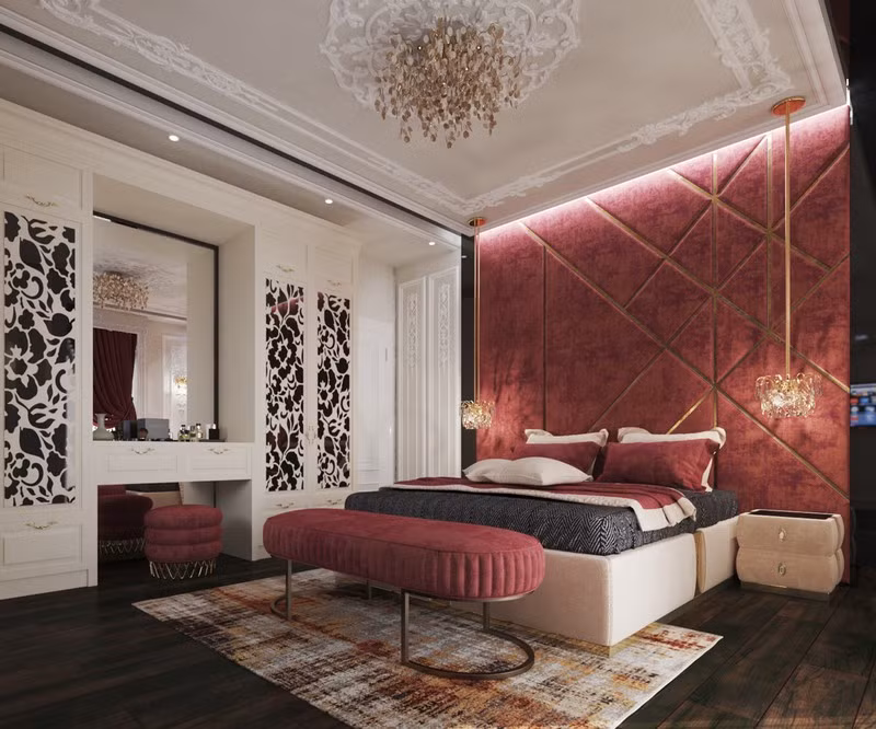 Đầu giường, ghế dài, ghế đẩu, khăn trải giường, rèm cửa… phủ tông màu đỏ sang trọng.