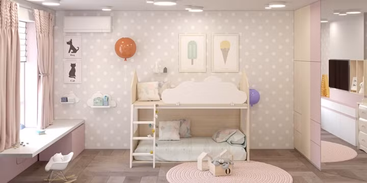 Phòng trẻ em sử dụng những tông màu nhẹ nhàng, và mềm mại. Phòng trẻ em sử dụng những tông màu nhẹ nhàng, và mềm mại.