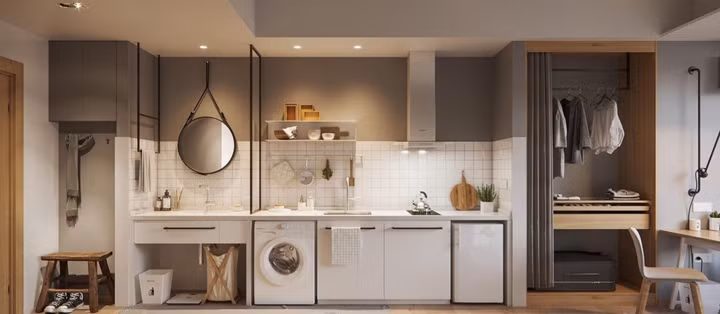 Căn nhà có phòng bếp được bố trí thêm ô để máy giặt, tủ lạnh gần khu vực để đánh răng rửa mặt, buồng treo quần áo. Căn nhà có phòng bếp được bố trí thêm ô để máy giặt, tủ lạnh gần khu vực để đánh răng rửa mặt, buồng treo quần áo.