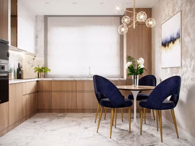 Bộ bàn ghế ăn đặt cạnh bếp đủ để chủ nhân có nơi thưởng thức tách cà phê hay nhẩn nha ăn sáng tại nhà.