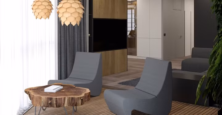 Gần cửa sổ là một chiếc bàn trà làm từ gỗ nguyên cây để chủ nhân có thể ngồi đọc sách.