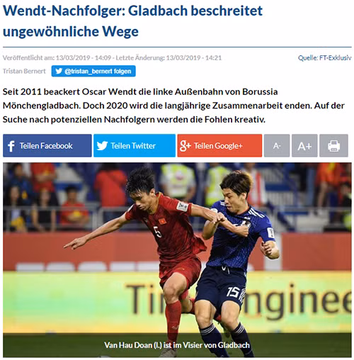  Fussballtransfers đưa tin Gladbach quan tâm đến Văn Hậu. Ảnh chụp màn hình.