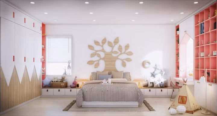 Hình cây với gam màu vàng ở trên đầu chiếc giường này cũng là một cách thiết kế độc đáo cho căn phòng của bạn.