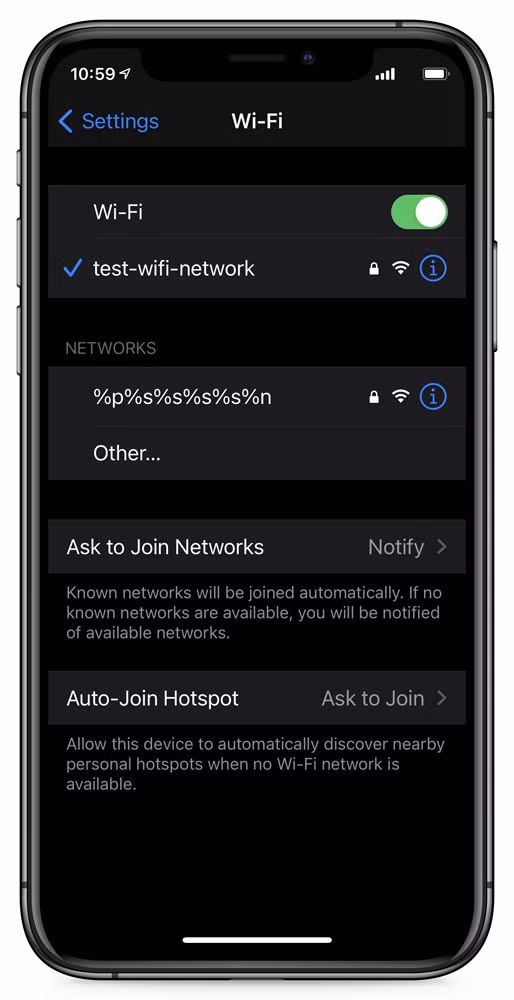iPhone sẽ bị lỗi Wi-Fi khi kết nối với điểm phát sóng có tên bất thường. ẢNH CHỤP MÀN HÌNH