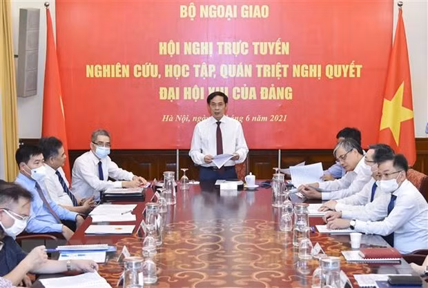  Bí thư Ban Cán sự Đảng, Bộ trưởng Bộ Ngoại giao Bùi Thanh Sơn phát biểu. (Ảnh: TTXVN)