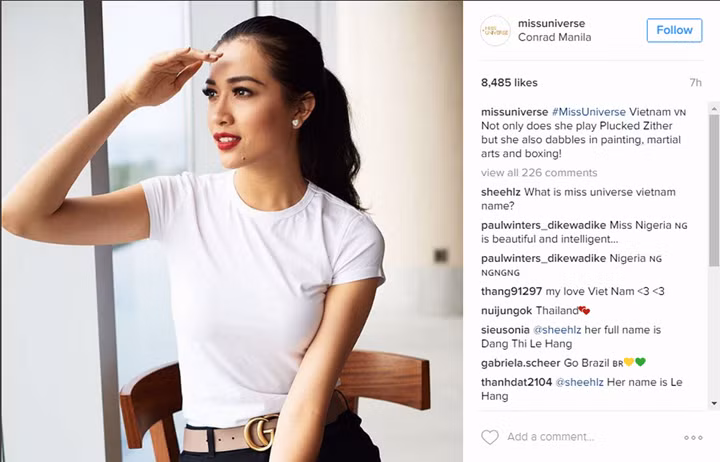 Bài đăng đó đến nay đã nhận được hơn 16 nghìn lượt like và gần 900 bình luận chia sẻ. Trong đó, nhiều khán giả ngoại quốc ủng hộ cho nhan sắc Việt và dành lời khen cho vẻ đẹp của Lệ Hằng. Một trong ba bức ảnh trên cũng được đăng tải trên Instagram chính thức của Miss Universe và sở hữu hơn 8 nghìn lượt yêu thích. 15
