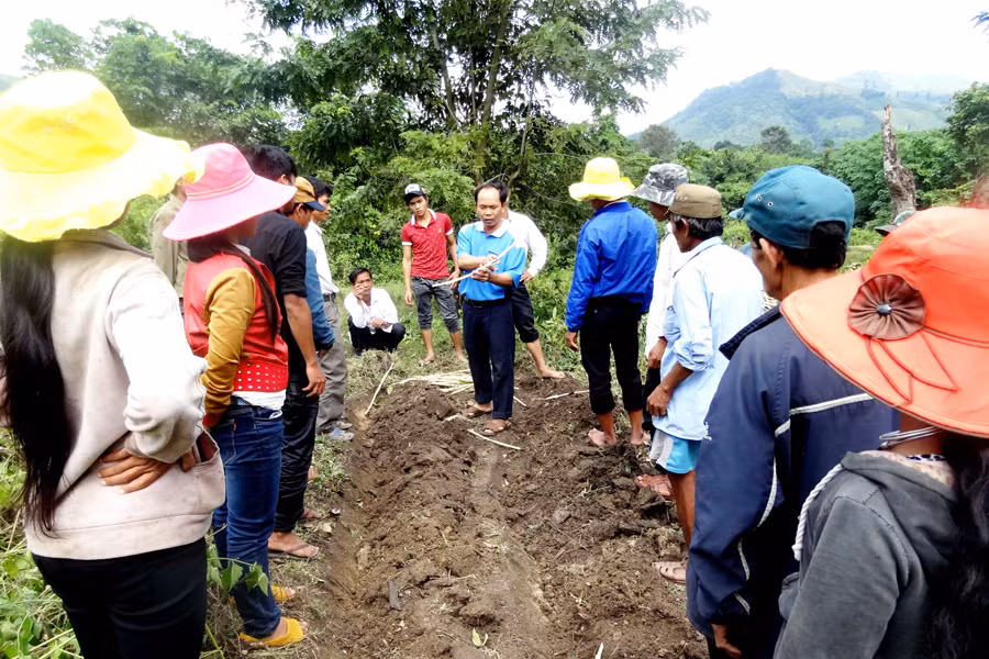 Cán bộ Ban Hỗ trợ kinh doanh nông nghiệp huyện Kông Chro hướng dẫn kỹ thuật trồng cỏ cho các hộ chăn nuôi dê, bò. Ảnh: L.H Cán bộ Ban Hỗ trợ kinh doanh nông nghiệp huyện Kông Chro hướng dẫn kỹ thuật trồng cỏ cho các hộ chăn nuôi dê, bò. Ảnh: L.H