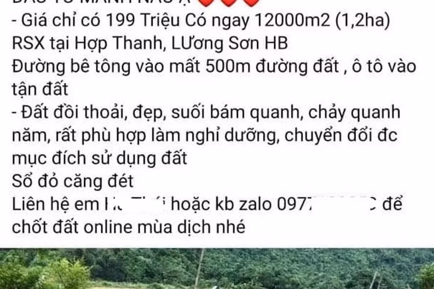 Một chủ đất yêu cầu khách liên hệ qua số điện thoại để chốt đất online mùa dịch. Ảnh chụp màn hình.