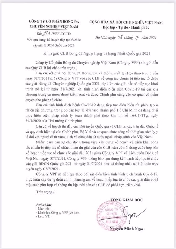 Công văn tạm hoãn V.League 2021