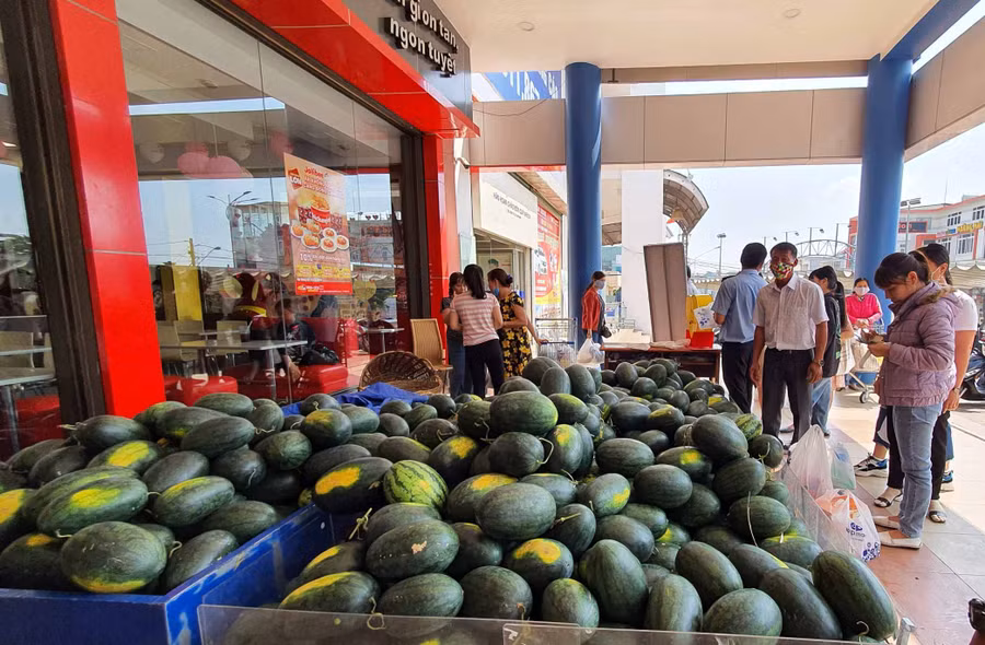 Co.op Mart Pleiku thu mua dưa hấu phát miễn phí cho khách hàng. Ảnh: Vũ Thảo