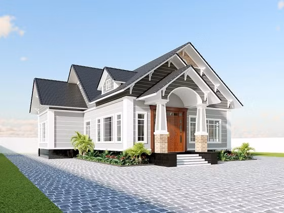 Đây là mẫu nhà cấp 4 mái xếp tầng được thiết kế thành mái ngói truyền thống với chất liệu gỗ cửa chính quen thuộc. Nhà có khá nhiều cửa sổ để tạo sự thông thoáng và đón gió vào trong căn nhà. Sân trước nhà được lát gạch với diện tích sử dụng rộng hơn để gia đình có thể sắp xếp bàn ghế và bố trí theo sở thích.
