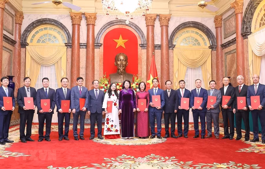 Phó Chủ tịch nước Đặng Thị Ngọc Thịnh với các đại biểu và Đại sứ mới được phong hàm. (Ảnh: Lâm Khánh/TTXVN) 