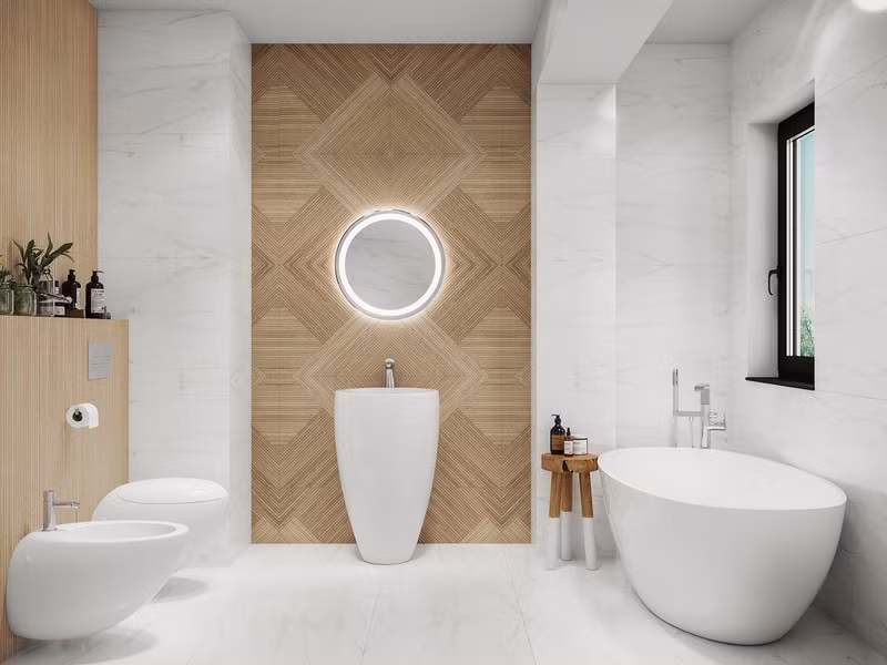 Tính cân đối của căn phòng tập trung xung quanh một chậu rửa tuyệt đẹp. Bức tường ốp gạch giả gỗ phía sau tăng thêm cảm giác gần gũi cho căn phòng. Tính cân đối của căn phòng tập trung xung quanh một chậu rửa tuyệt đẹp. Bức tường ốp gạch giả gỗ phía sau tăng thêm cảm giác gần gũi cho căn phòng.