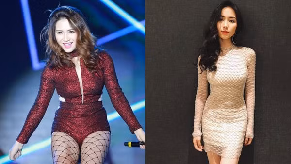 Hình ảnh mũm mĩm của Hoà minzy trước kia (phải) và thân hình thon gọn hiện tại
