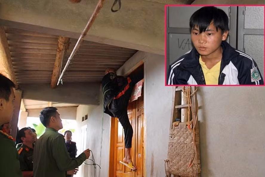  Thực nghiệm hiện trường đối tượng thực hiện lại hành vi trèo vào nhà nạn nhân bằng ô thoáng cửa. Ảnh: Quỳnh Trang – Lê Nam