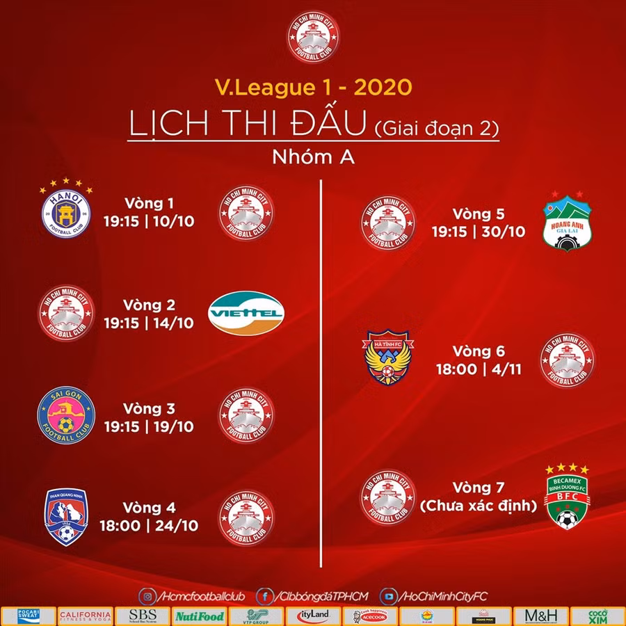 Lịch thi đấu giai đoạn 2 của đội TPHCM. Ảnh: Fanpage CLB TPHCM.