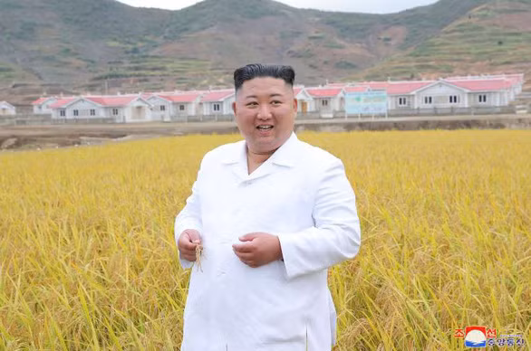 Những ngôi nhà có thiết kế tương đồng ở phía xa sau lưng ông Kim - Ảnh: KCNA