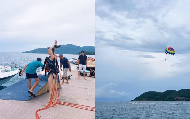 Diệp Lâm Anh hào hứng chơi trò nhảy dù. ẢNH: FBNV