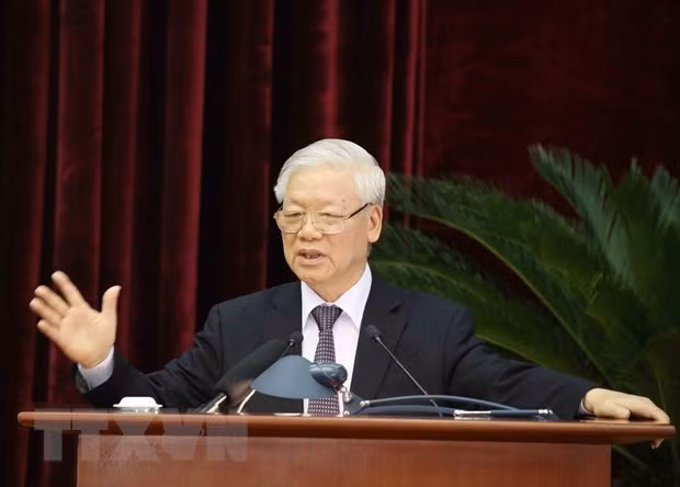 Tổng Bí thư, Chủ tịch nước Nguyễn Phú Trọng phát biểu bế mạc hội nghị. (Ảnh: Phương Hoa/TTXVN)