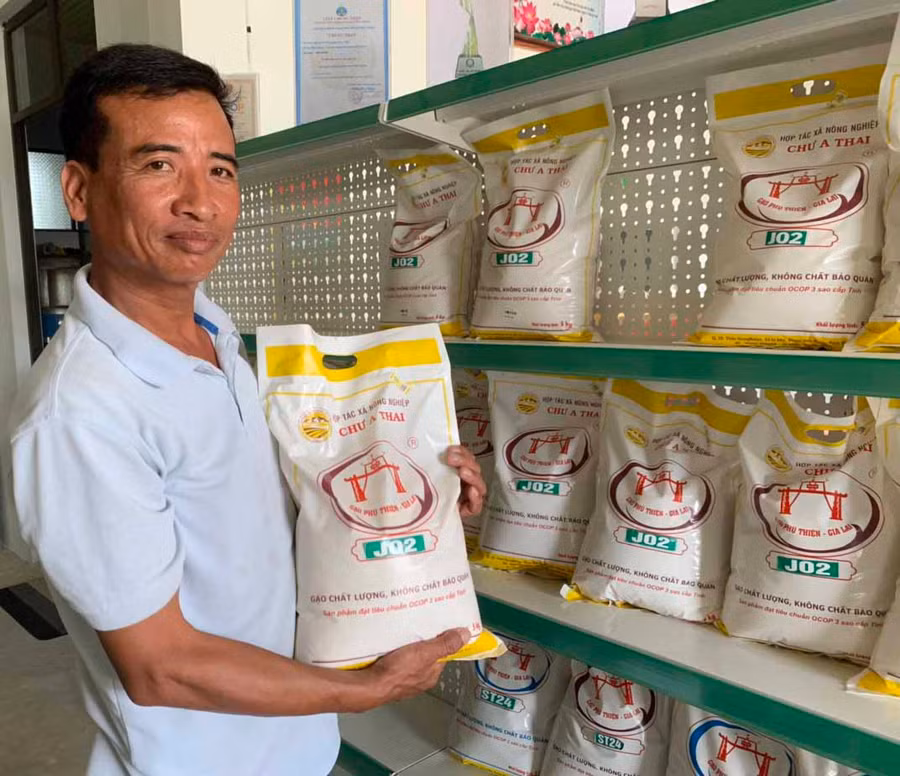 Ông Phạm Ngọc Nghĩa-Giám đốc HTX Nông nghiệp Chư A Thai giới thiệu sản phẩm gạo Phú Thiện. Ảnh: Vũ Chi