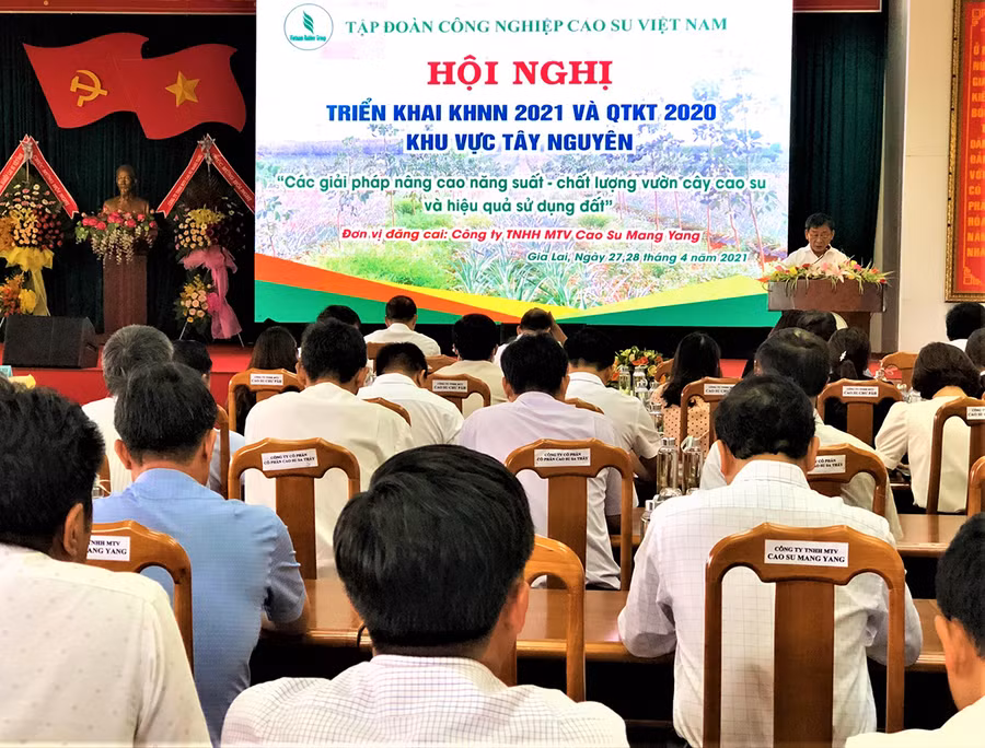 Ông Trương Minh Tiến-Tổng Giám đốc Công ty TNHH một thành viên Cao su Mang Yang nêu giải pháp nâng cao năng suất-chất lượng vườn cây cao su và hiệu quả sử dụng đất. Ảnh: Đinh Yến
