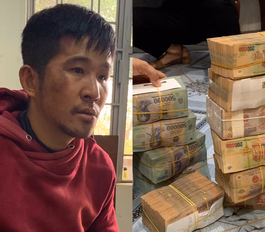 Đối tượng Du cùng số tiền trong két sắt. Ảnh: Văn Ngọc