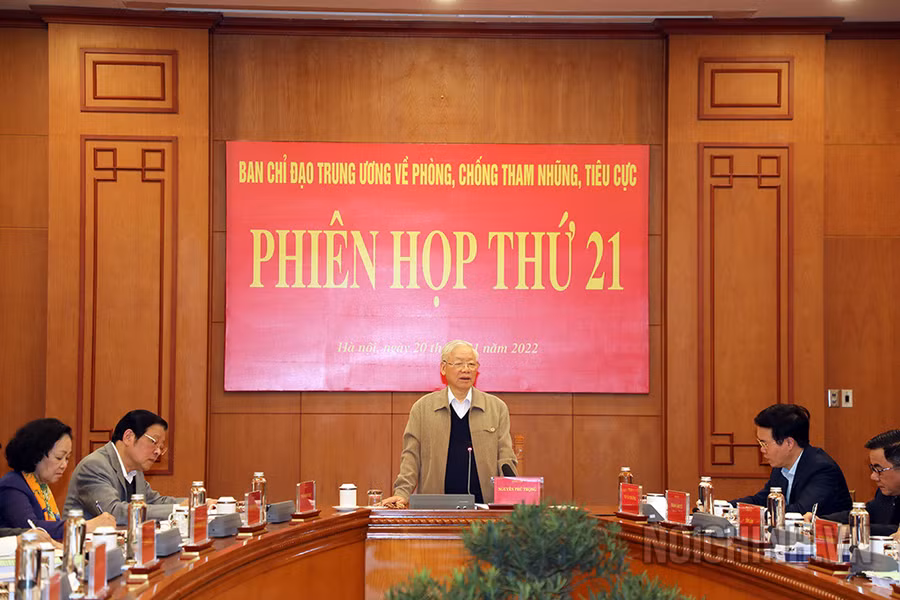 Tổng Bí thư Nguyễn Phú Trọng, Trưởng Ban Chỉ đạo Trung ương về phòng, chống tham nhũng, tiêu cực kết luận phiên họp thứ 21 của Ban Chỉ đạo. (Ảnh: noichinh.vn)