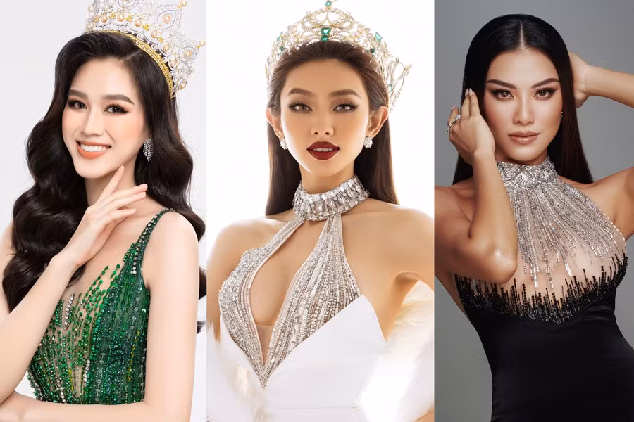 Đỗ Thị Hà, Thùy Tiên và Kim Duyên là ba người đẹp mang về thành tích cao cho Việt Nam tại các cuộc thi nhan sắc trong năm 2021. Ảnh: FBNV
