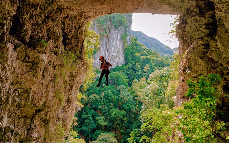  Ðu dây tham quan hố sụt Kong ở Vườn quốc gia Phong Nha-Kẻ Bàng. (Ảnh JUNGLE BOSS) 