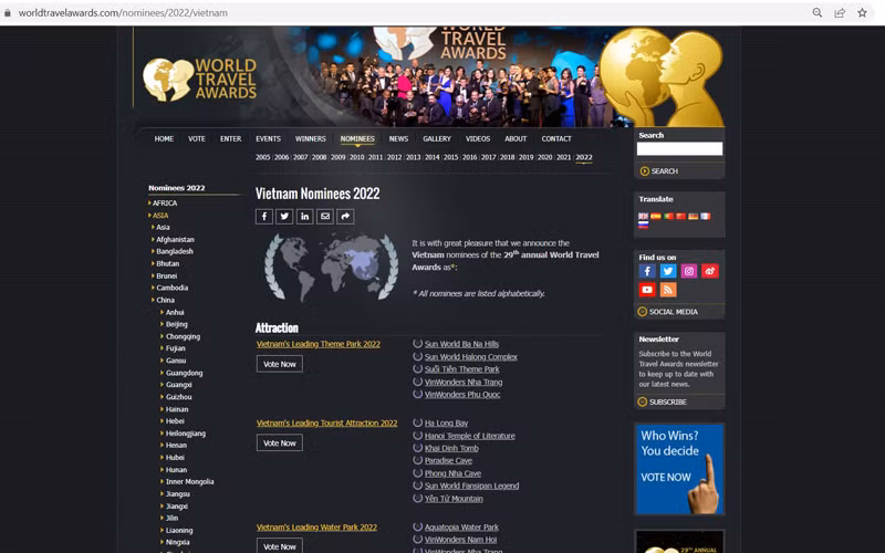 Cùng bình chọn cho du lịch Việt Nam tại 61 hạng mục của World Travel Awards khu vực châu Á năm 2022. Ảnh: chụp màn hình