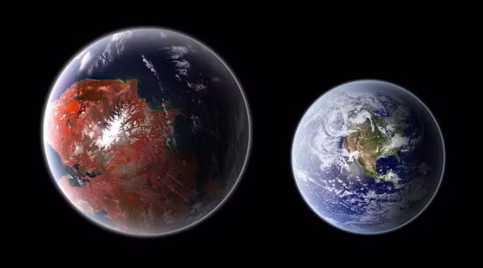 Kepler-438b (trái) và Trái Đất. Ảnh: NASA/SETI