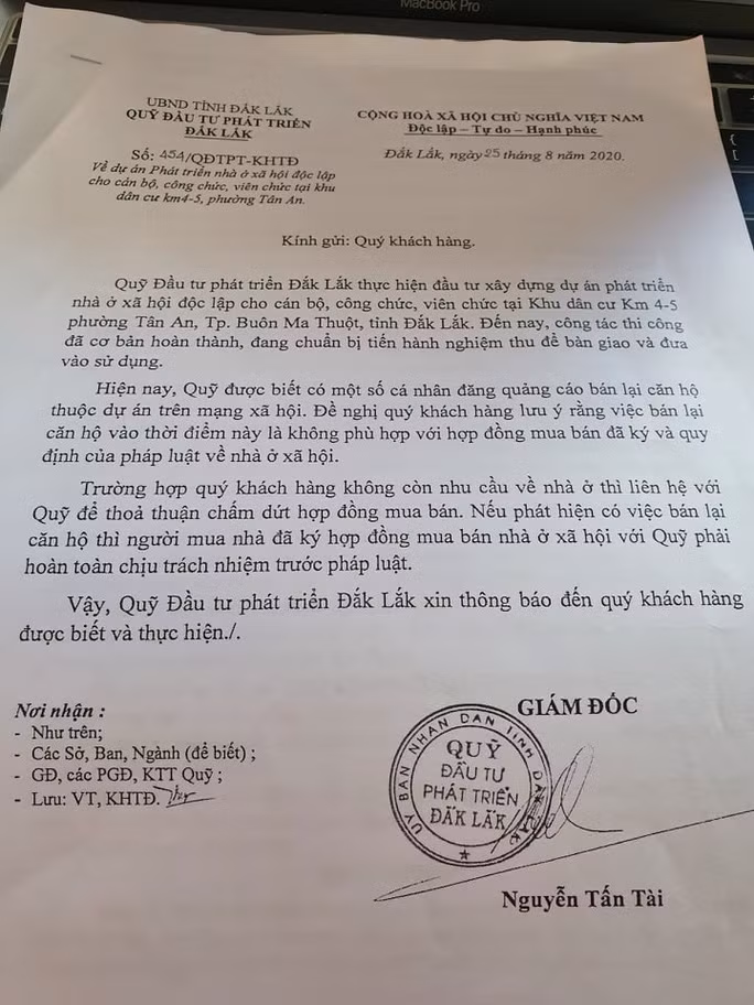 Văn bản khuyến cáo của chủ đầu tư về việc mua bán nhà ở xã hội
