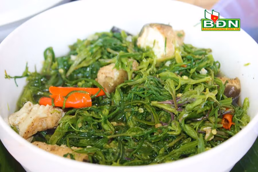 Bát canh cá lăng nấu với hoa, lá, đọt non của cây jam tang mang đậm hương vị núi rừng, trở thành món ăn đặc sản của đồng bào Ê đê