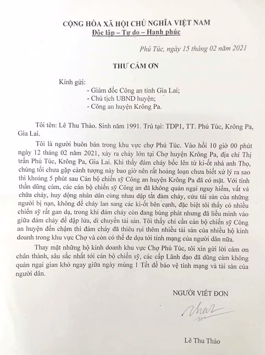 Thư cảm ơn của chị Lê Thu Thảo. Ảnh: Thúy Trinh