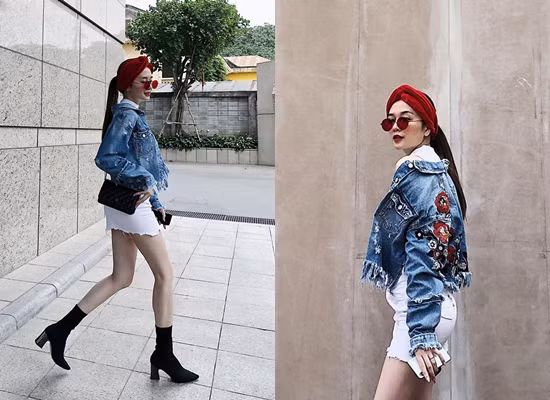 Thiều Bảo Trang chứng tỏ gu thẩm mỹ cực chất với street style mang hơi thở của phong cách thời trang du mục. Bảo Trang diện áo khoác jeans thêu bắt mắt, phá cách với phần gấu áo xé tua rua kiểu tự do, phối cùng mini juyp trắng. Để tô đậm hơn hình ảnh một cô gái Bohemian, nữ ca sĩ quấn chiếc khăn turban đỏ rực bắt mắt.
