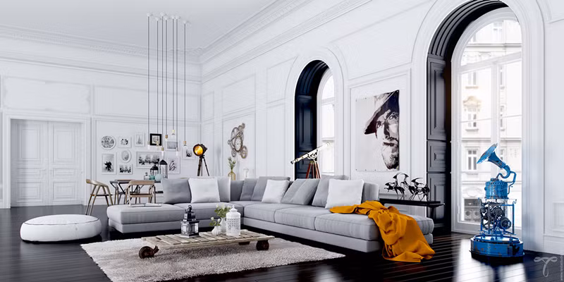  Kiến trúc căn phòng mang phong cách xen kẽ cổ điển và hiện đại với cửa ra vào có mình chữ U, trần nhà khá cao.
