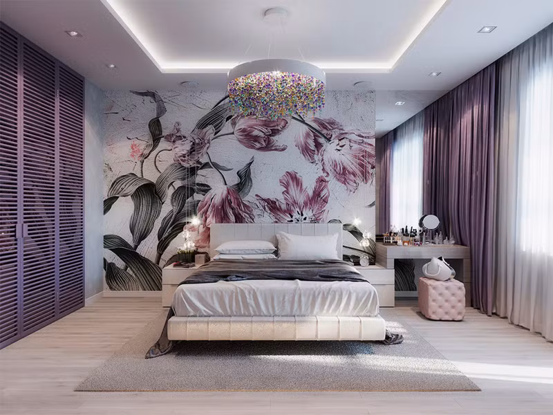 Căn phòng truyền cảm hứng về một bông hoa màu tím đang nở rộ.