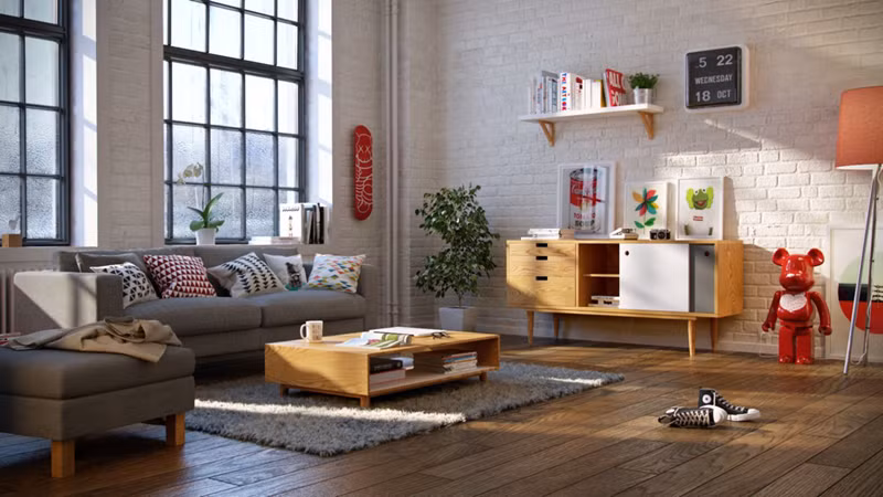 Phòng khách có kiến trúc độc đạo với tường lát gạch trắng, sàn vân gỗ màu nâu.