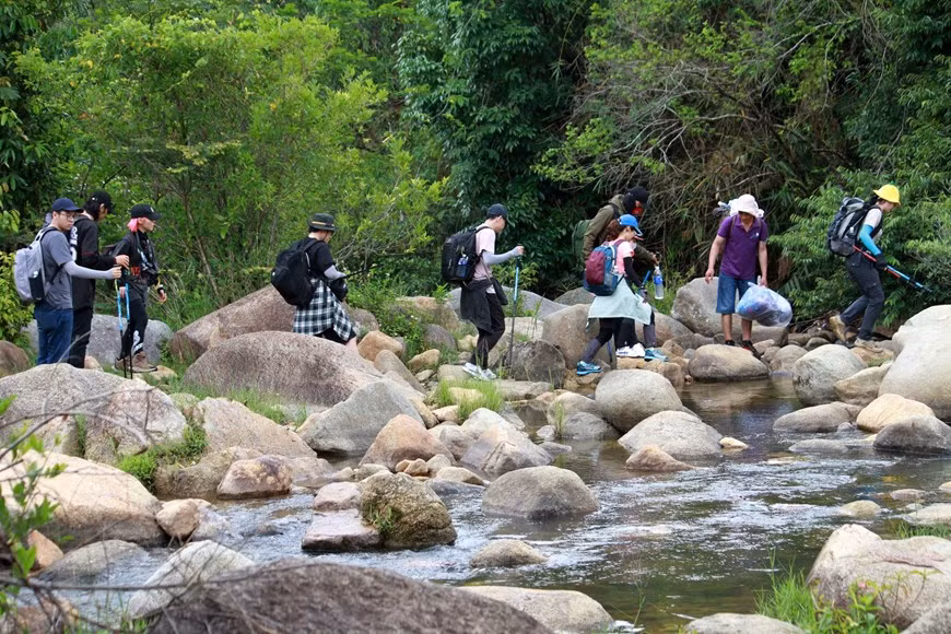 Du khách trải nghiệm tour dã ngoại, leo núi Chư Yang Lắk ở huyện Lắk, tỉnh Đắk Lắk. Ảnh: Hoài Thu/TTXVN