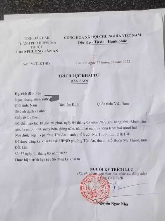 Giấy khai tử của cháu N.H.L