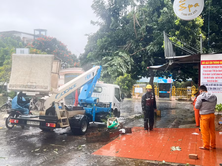 Công nhân nhanh chóng cắt tỉa cây xanh bị gió quật ngã đổ, đảm bảo lưu thông. Ảnh: Đinh Yến Ảnh: Đinh Yến