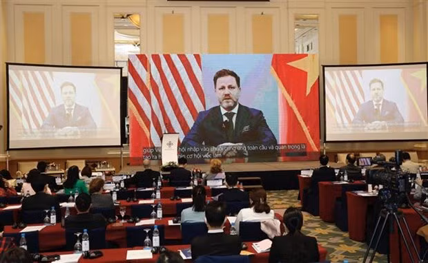 Quang cảnh Diễn đàn Thương mại Việt Nam-Hoa Kỳ 2021 tại điểm cầu Hà Nội, hồi tháng 12 năm ngoái. (Ảnh: Trần Việt/TTXVN)