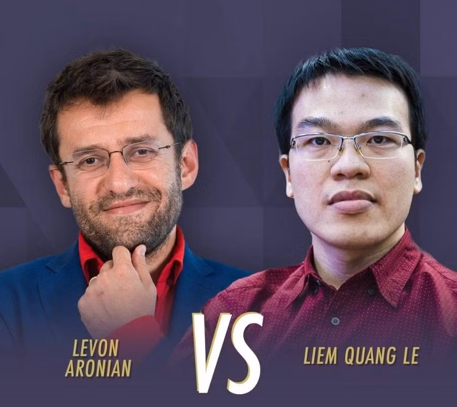 Lê Quang Liêm (phải) đánh bại Aronian từng 2 lần vô địch World Cup. Ảnh: GCT