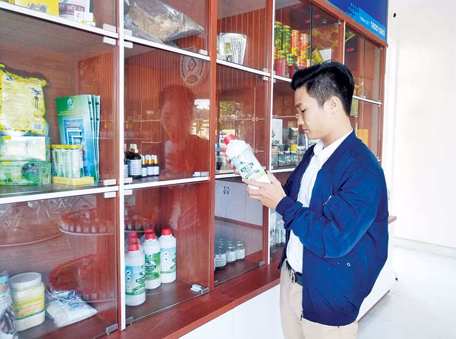  Nước lau sàn tinh dầu sả An Thiên được trưng bày tại cửa hàng giới thiệu sản phẩm thuộc Trung tâm Ứng dụng tiến bộ khoa học và công nghệ Gia Lai. Ảnh: S.C