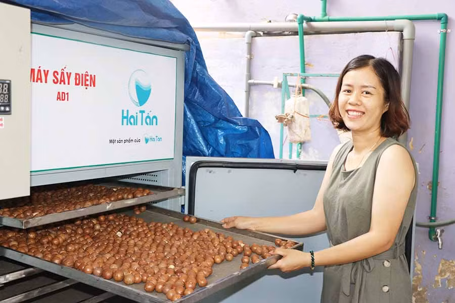  Chị Lê Thị Cẩm Như đầu tư máy móc để chế biến hạt mắc ca đảm bảo chất lượng. Ảnh: N.M