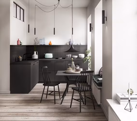  Bàn ăn và tủ bếp màu đen chiếm góc cuối cùng của căn hộ tạo nên sự yên tĩnh để chủ nhân có thể thưởng thức tách cà phê vào buổi sáng.